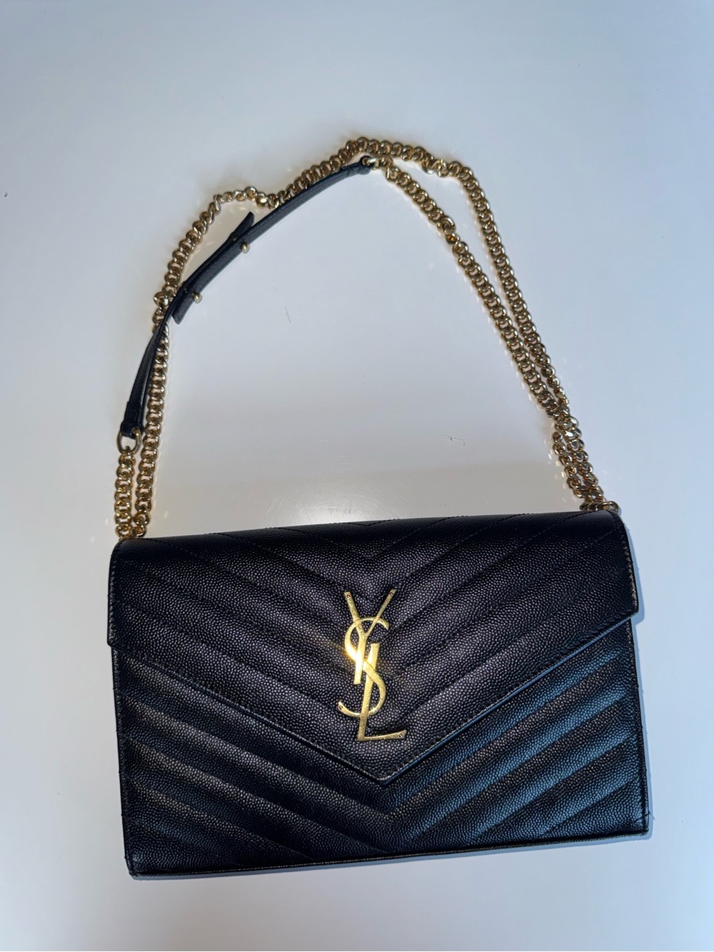 Saint Laurent Black Chevron Quilted Leather Shoulder Bag with Gold Hardware